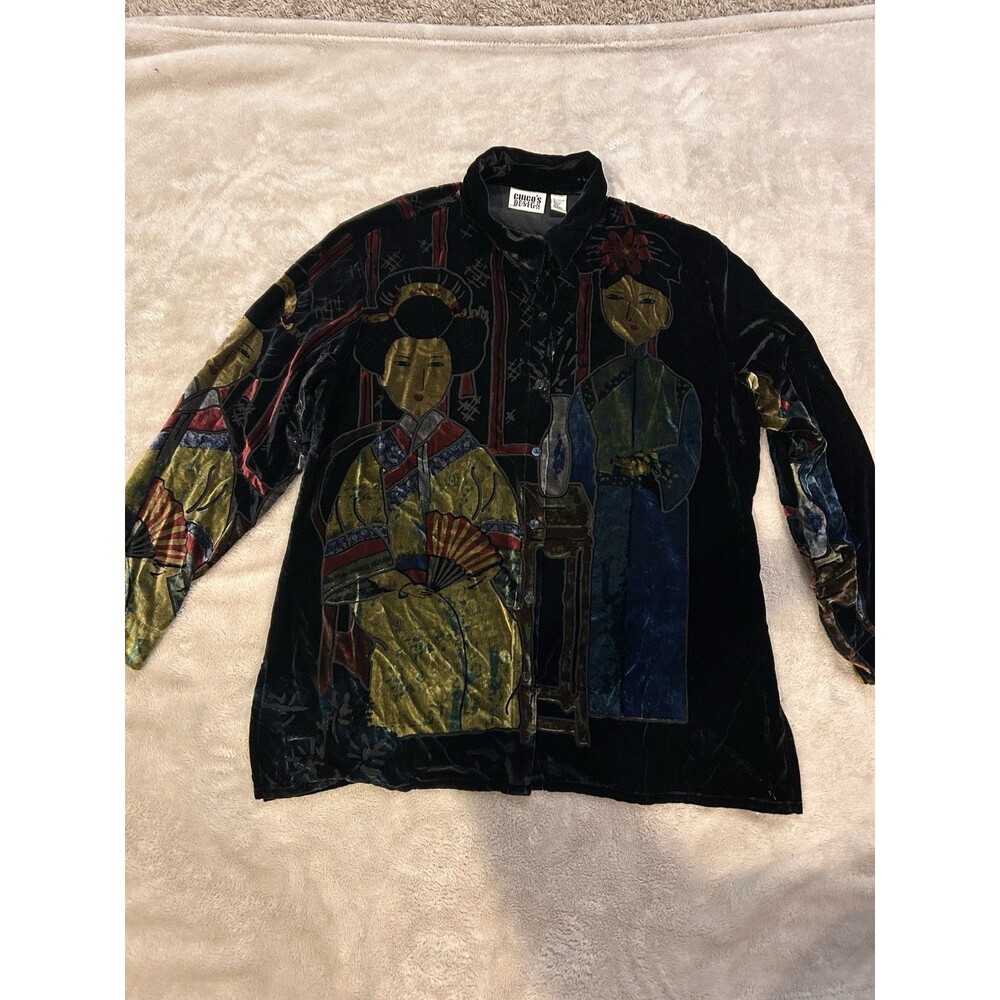 Vintage 90s Chico's Design Silk Blend Velvet Asian Geisha Graphic Button Shirt